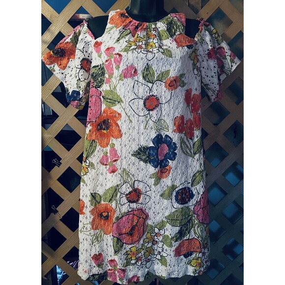 Trina Turk Multi Color Floral  Eyelet Lace Off The Shoulder Dress Women's Size 8 - Picture 1 of 9